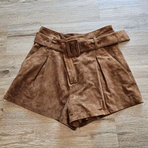 High-Waist Marissa Webb Brown Goat Leather Belted Women's Shorts 6